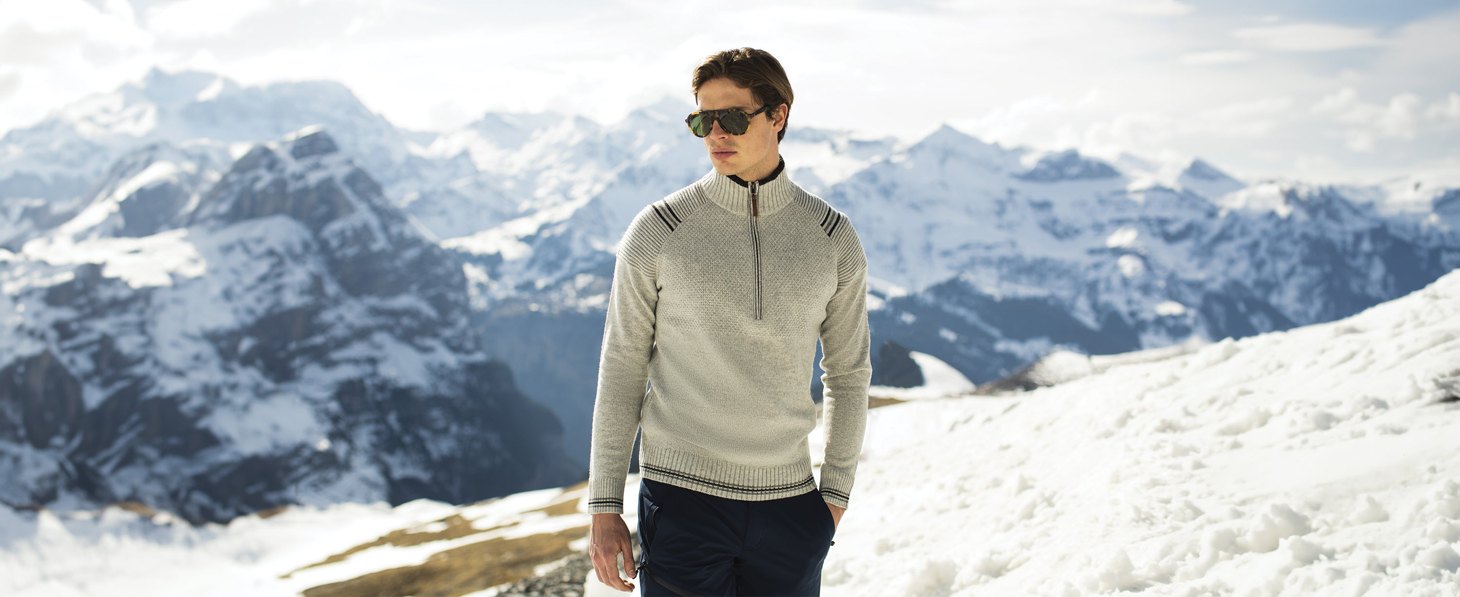 Male skier wearing an Obermeyer sweater.