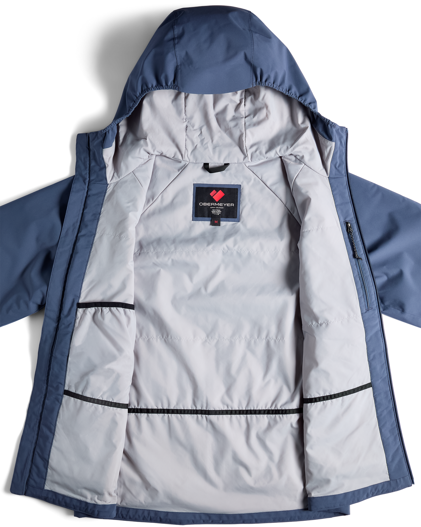 
A blue and light gray hooded puffer jacket shown open, with the interior lining visible.