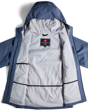 
A blue and light gray hooded puffer jacket shown open, with the interior lining visible.