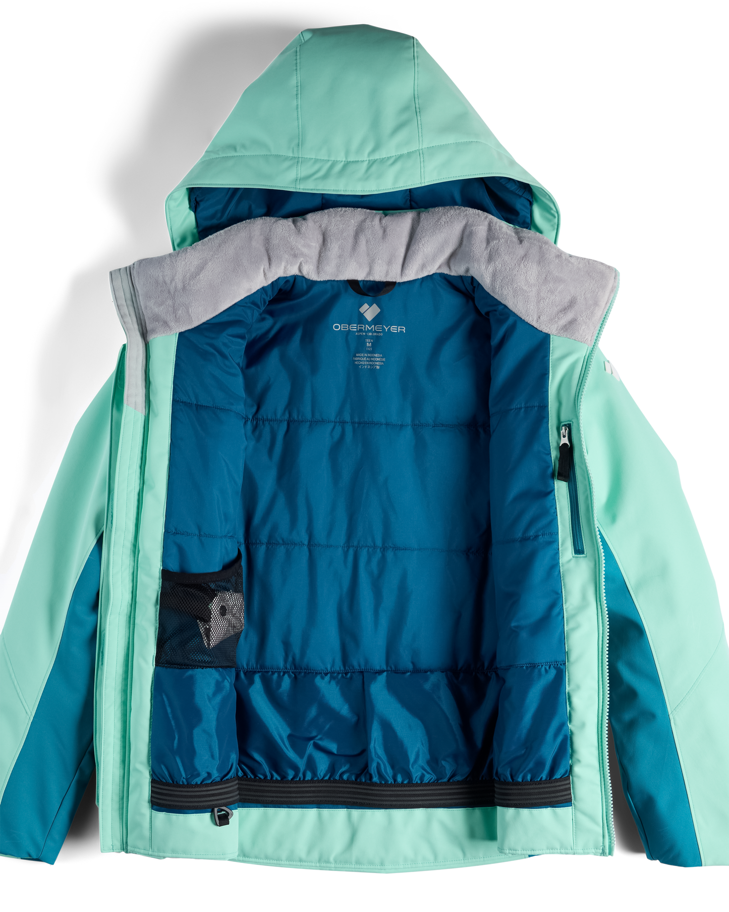 
A hooded outdoor jacket shown open against a white background, with a mint green outer shell, teal-blue puffer-style lining, and a light gray inner collar. The brand name and logo are visible on the inner neck label.
