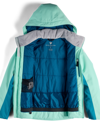 
A hooded outdoor jacket shown open against a white background, with a mint green outer shell, teal-blue puffer-style lining, and a light gray inner collar. The brand name and logo are visible on the inner neck label.