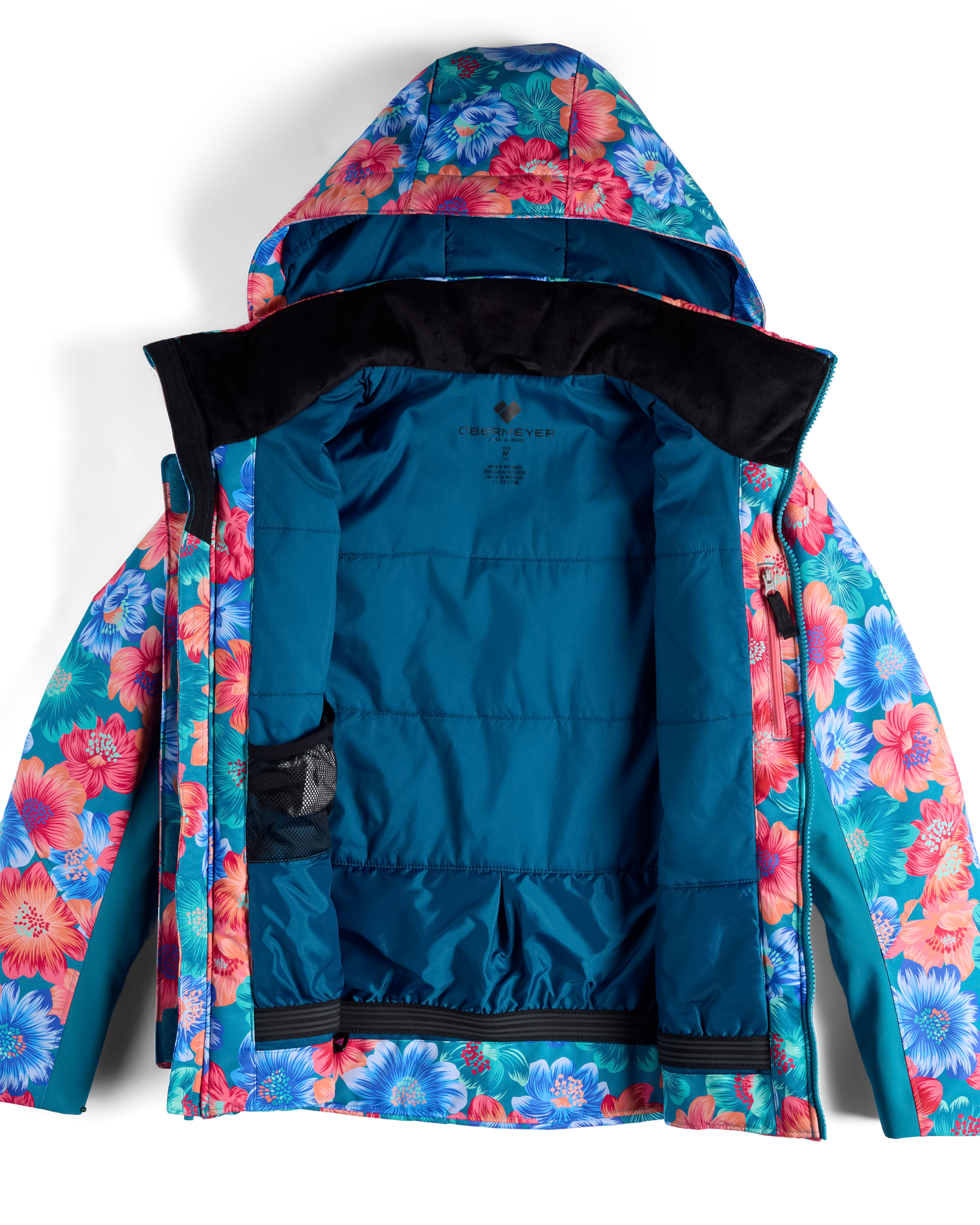 
A hooded puffer jacket shown open against a white background, featuring a vibrant floral print on the hood and outer shell in shades of blue, pink, and red, with a solid teal-blue inner body and a black fleece-lined hood.