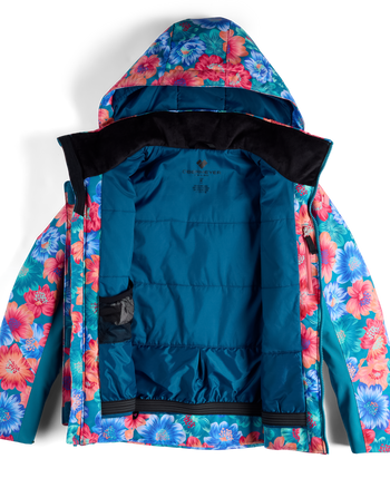
A hooded puffer jacket shown open against a white background, featuring a vibrant floral print on the hood and outer shell in shades of blue, pink, and red, with a solid teal-blue inner body and a black fleece-lined hood.