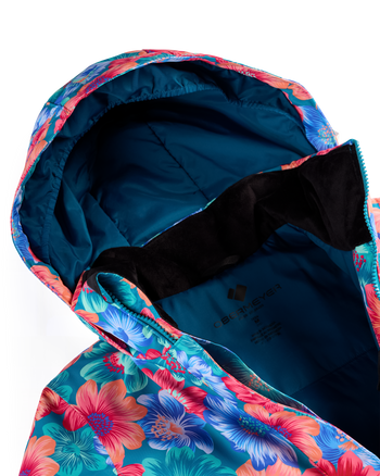 
Close-up of a hooded jacket with a bright floral print in pink, blue, and teal, shown open to reveal a dark blue interior lining and black fleece collar.