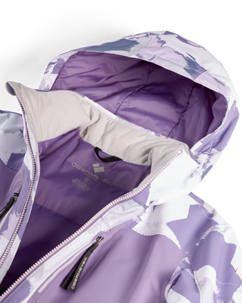 
Close-up of a hooded jacket with a purple and white abstract print, light beige inner lining.