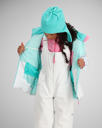 water-resistant powderskirt | A section of elasticized fabric at the bottom of a jacket above the hem. It includes a gripper elastic bottom to create a snug barrier around your waist to keep snow and cold from going up your little one's back.