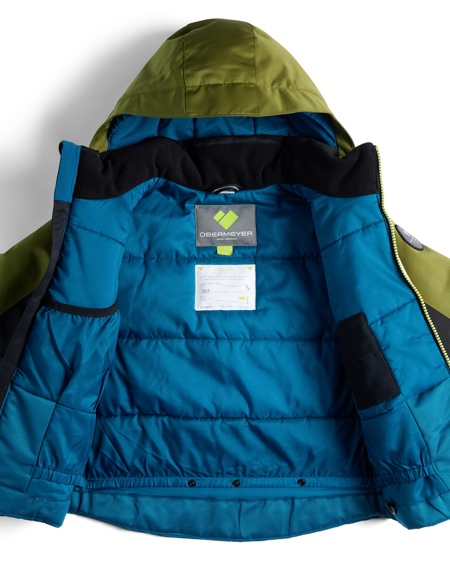 
A hooded puffer jacket shown open from the inside, featuring a bright teal blue quilted body, olive green hood and side panels, black trim, and visible interior labels.