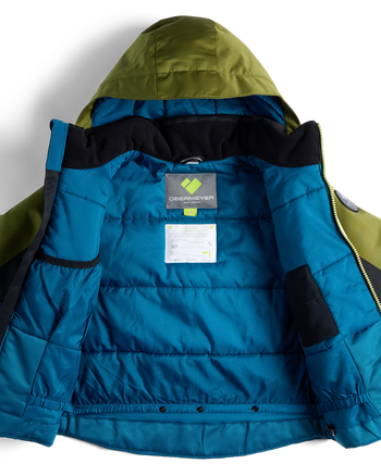 
A hooded puffer jacket shown open from the inside, featuring a bright teal blue quilted body, olive green hood and side panels, black trim, and visible interior labels.