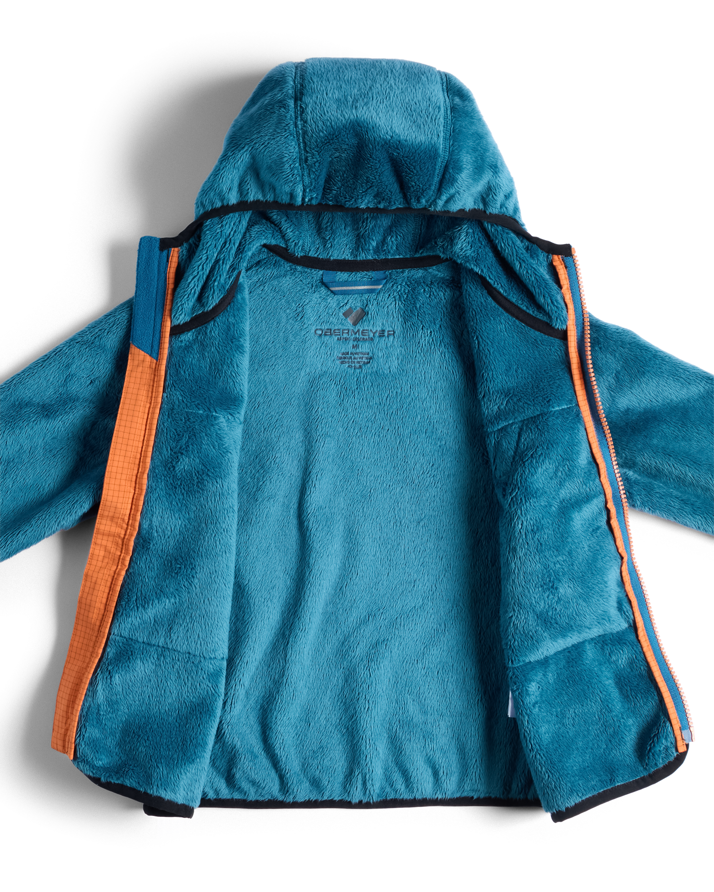 
A teal blue hooded fleece jacket with orange side panels and black trim, shown open against a white background.