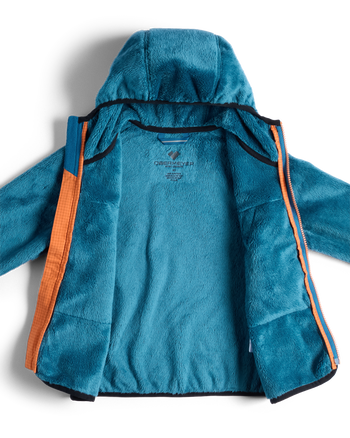 
A teal blue hooded fleece jacket with orange side panels and black trim, shown open against a white background.